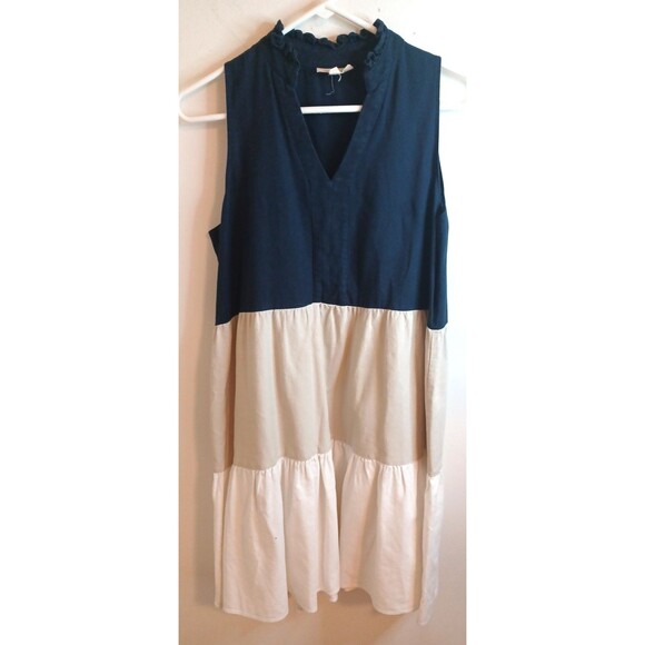 52 Seven Women’s M Linen Blend Color Block  Navy Blue Tan White Tiered Dress - Picture 1 of 9